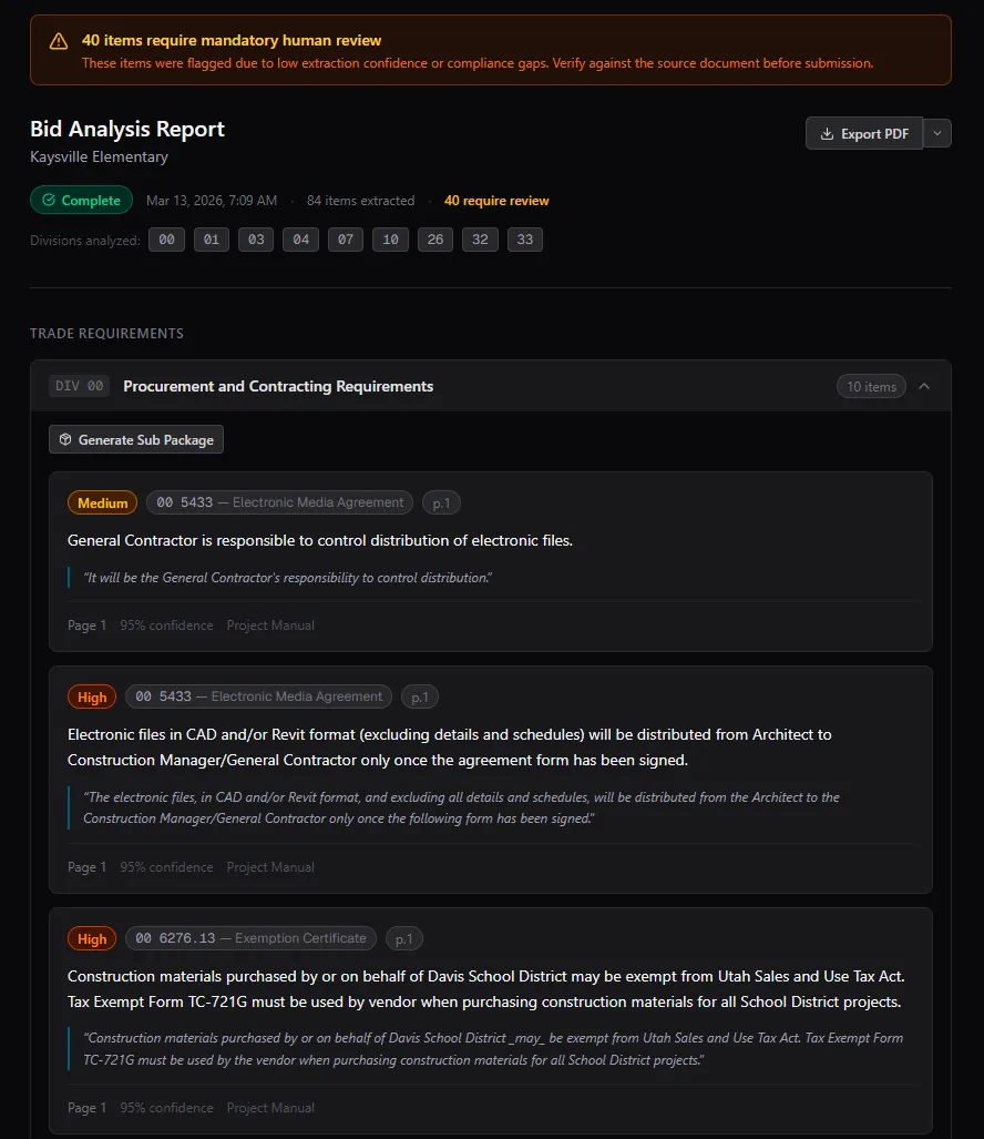 Construction Flow -- AI-generated bid analysis report with full trade breakdown