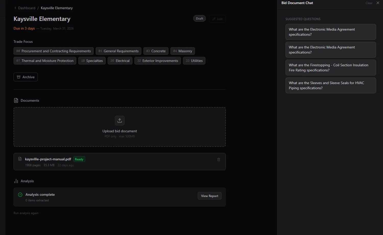 Construction Flow -- AI-extracted specs and requirements from bid documents