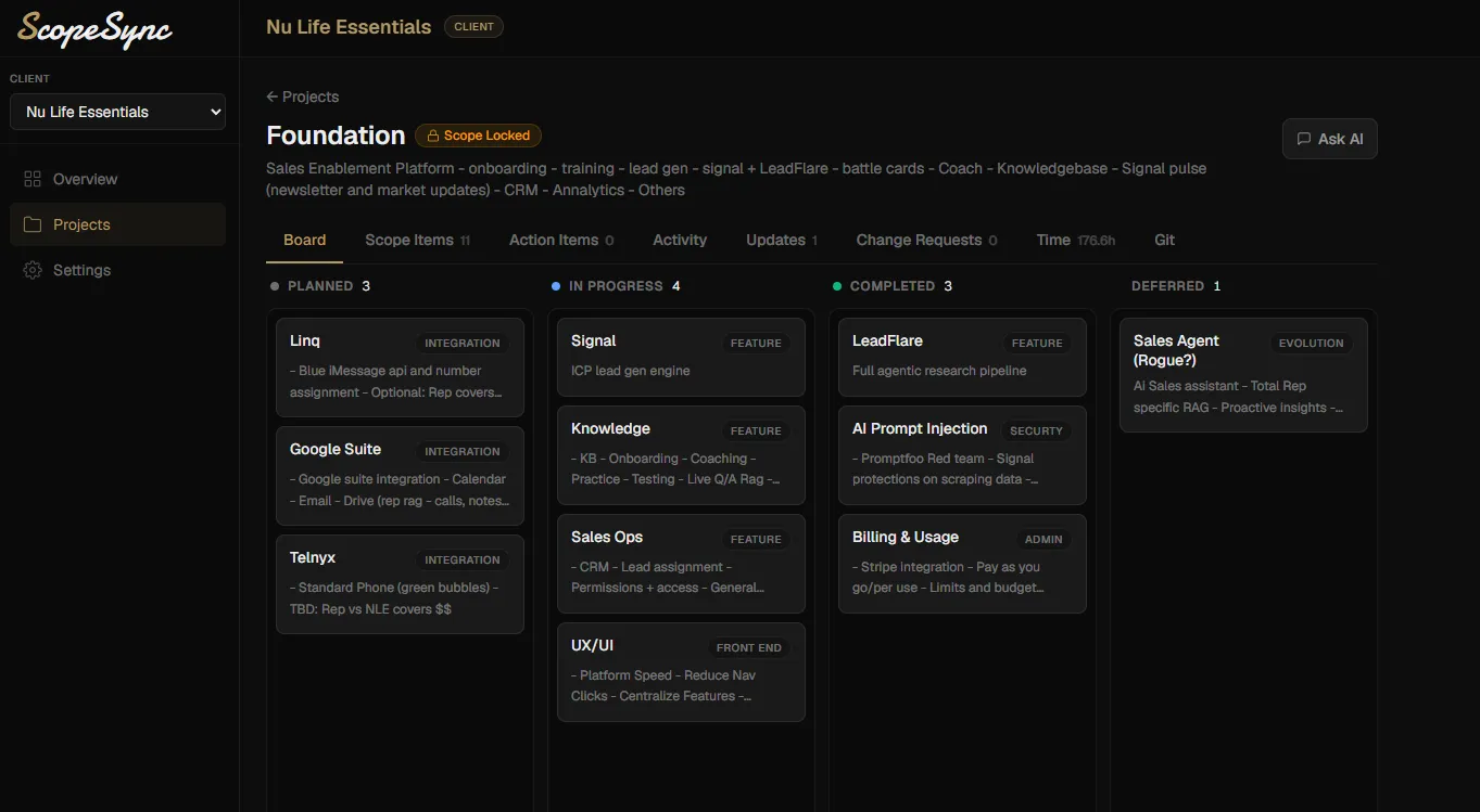 ScopeSync -- project board with scope locking and change request tracking